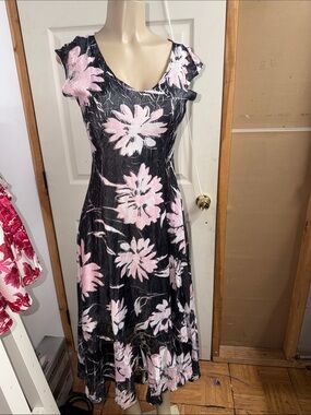 Komarov Black Midi Dress with Pink Floral Print